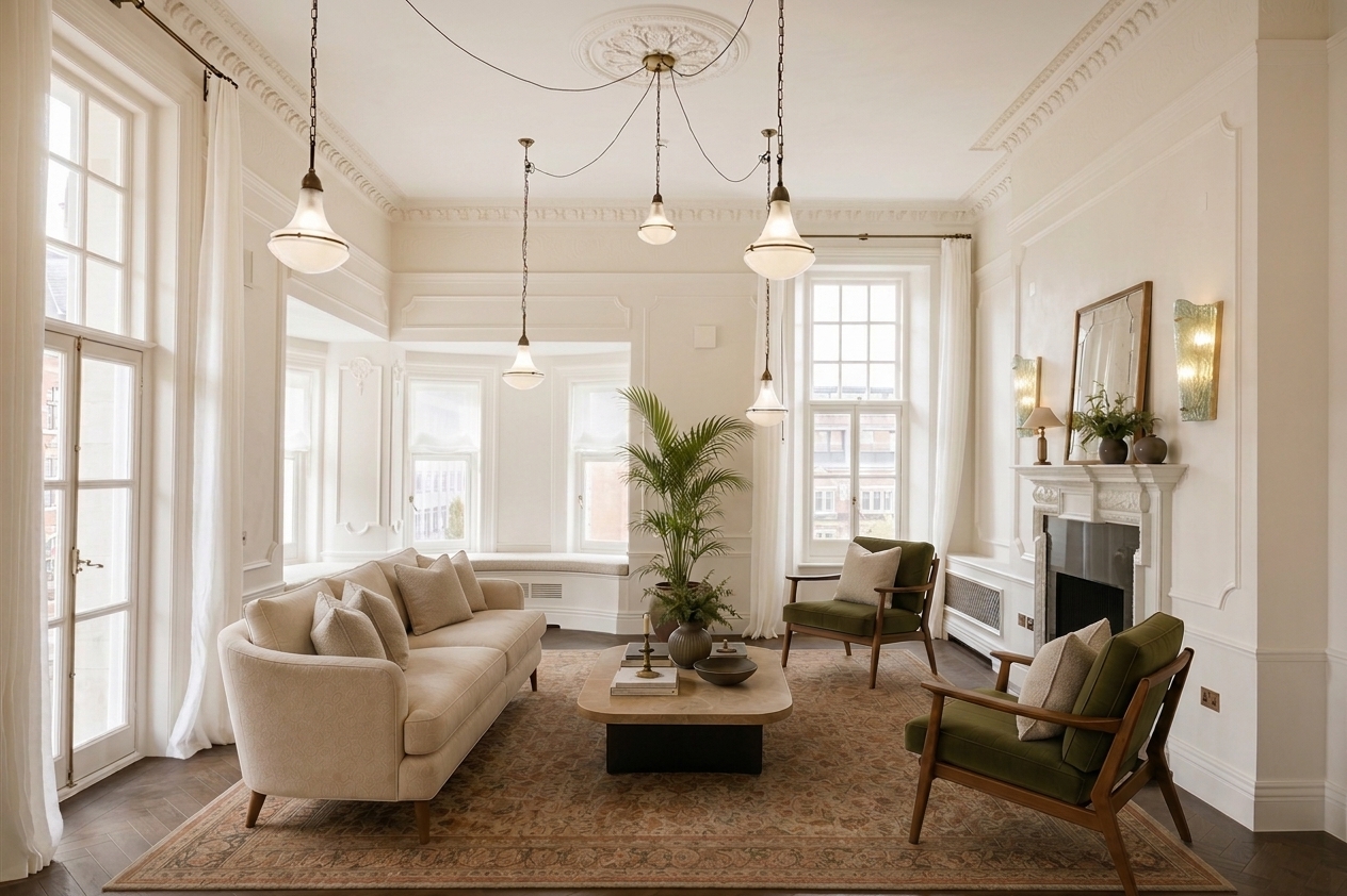 Day lounge, furnished — FF&E concept (AI-generated)