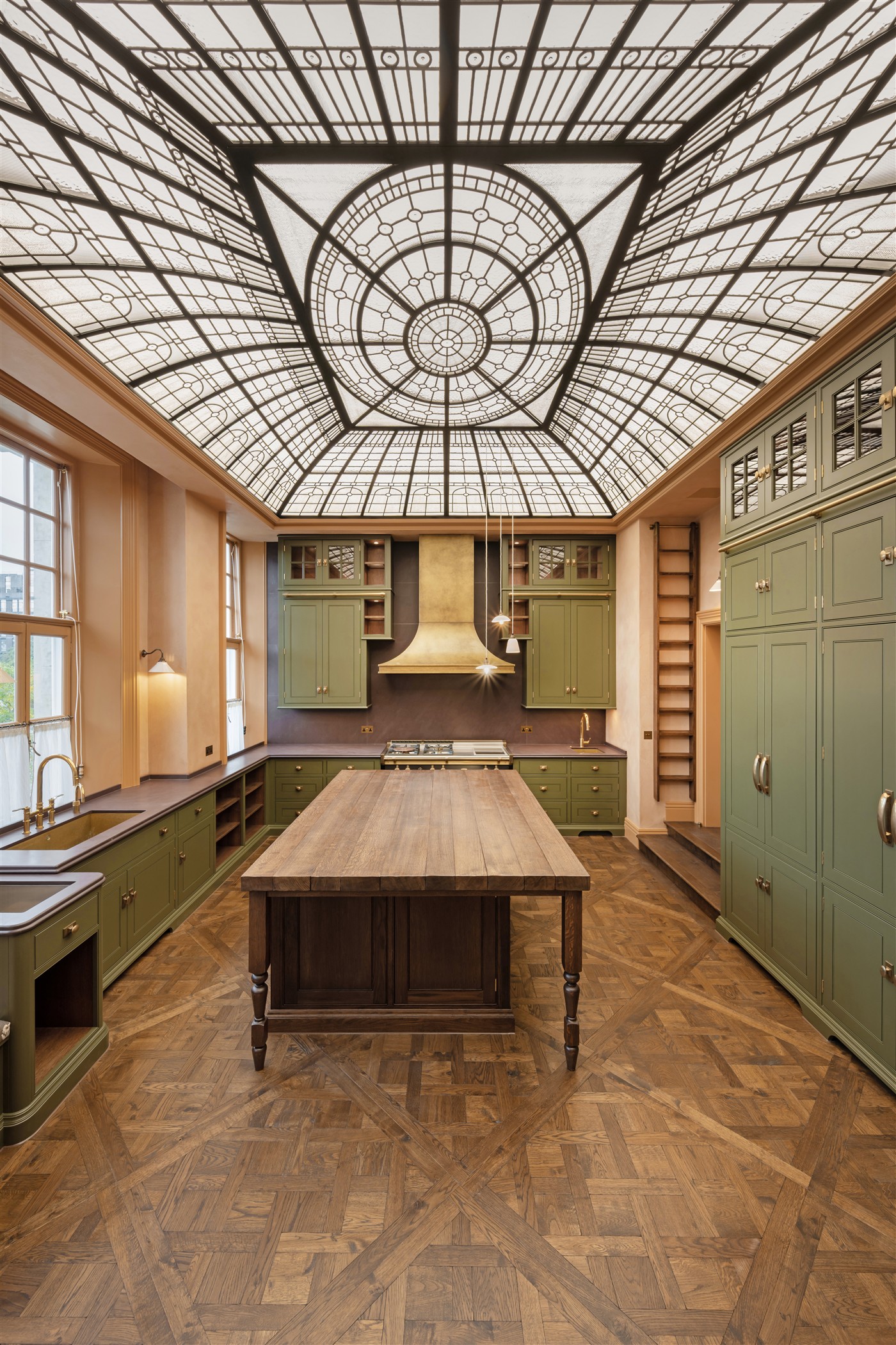 Backlit leaded-glass dome above the kitchen at Albert Court, South Kensington