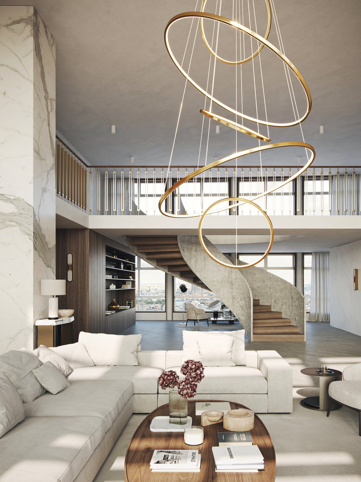 Proposed sweeping staircase rising to the gallery over the double-height living space