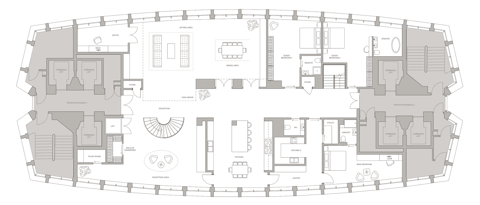 Proposed plan, level 31 — living, dining, kitchens, office and guest accommodation