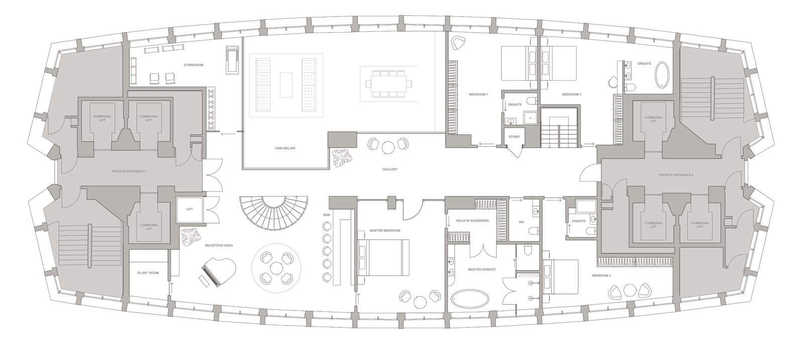 Proposed plan, level 32 — gallery, principal suite, bedrooms, gym and bar