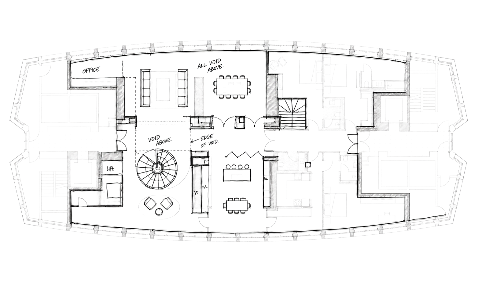 Concept sketch, level 31 — the double-height void over the living and dining space
