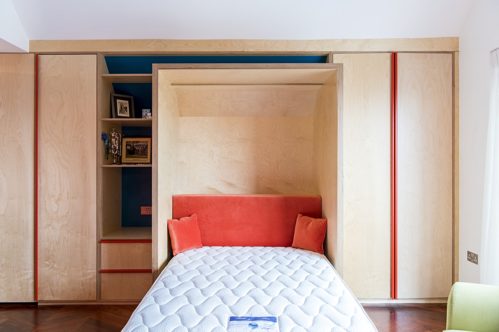 The bed, down