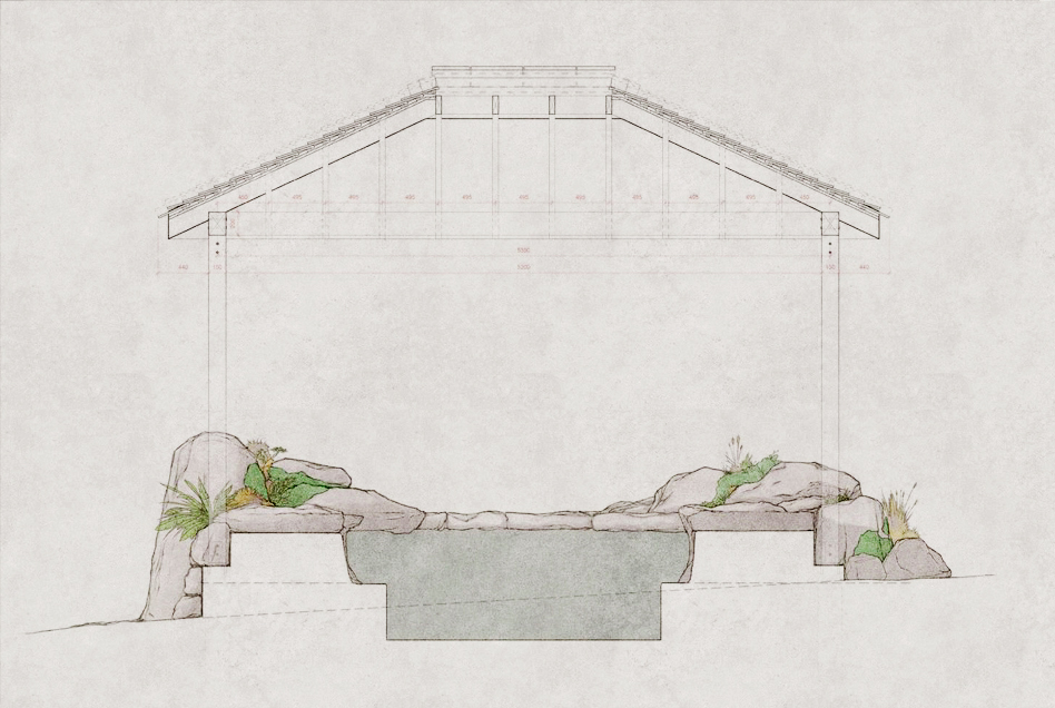 Onsen design: a hand-rendered concept over the technical drawing (Cudwells)