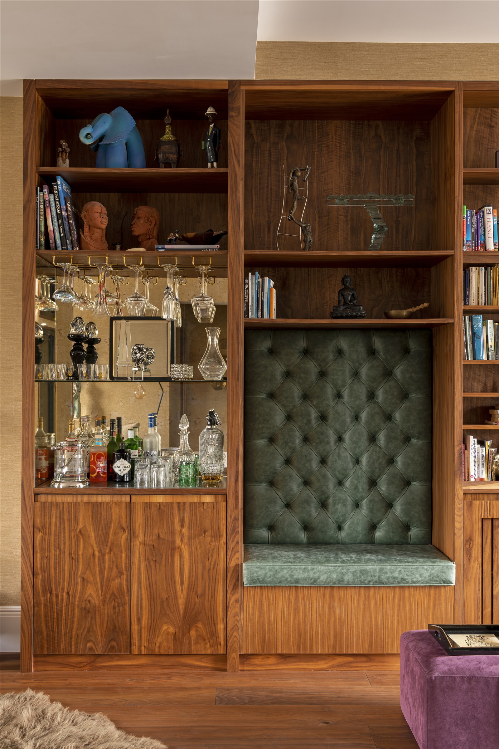 Walnut shelving, unlit
