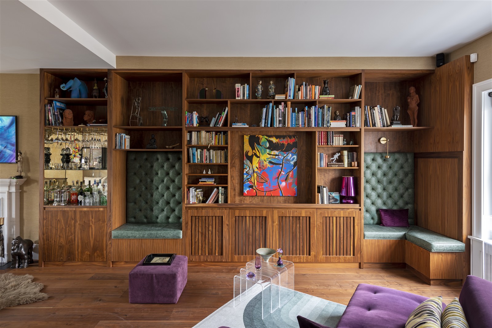 Walnut bar joinery, unlit