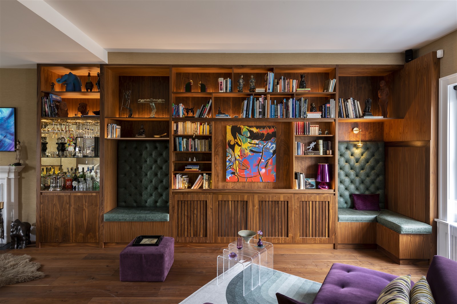 Walnut bar joinery, lit